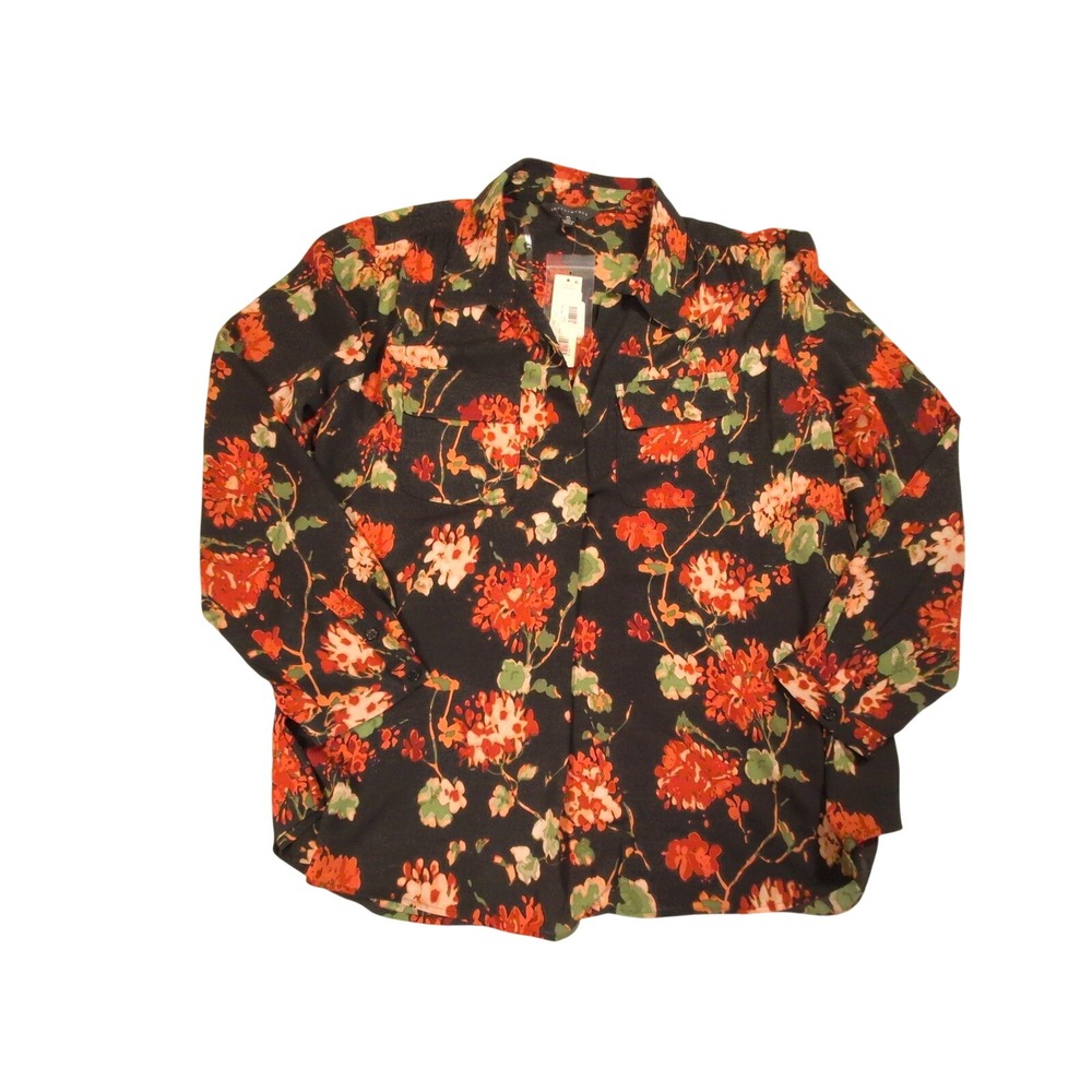 Investments Womens XL Floral Button Down Blouse Black Orange Long Sleeve NWT